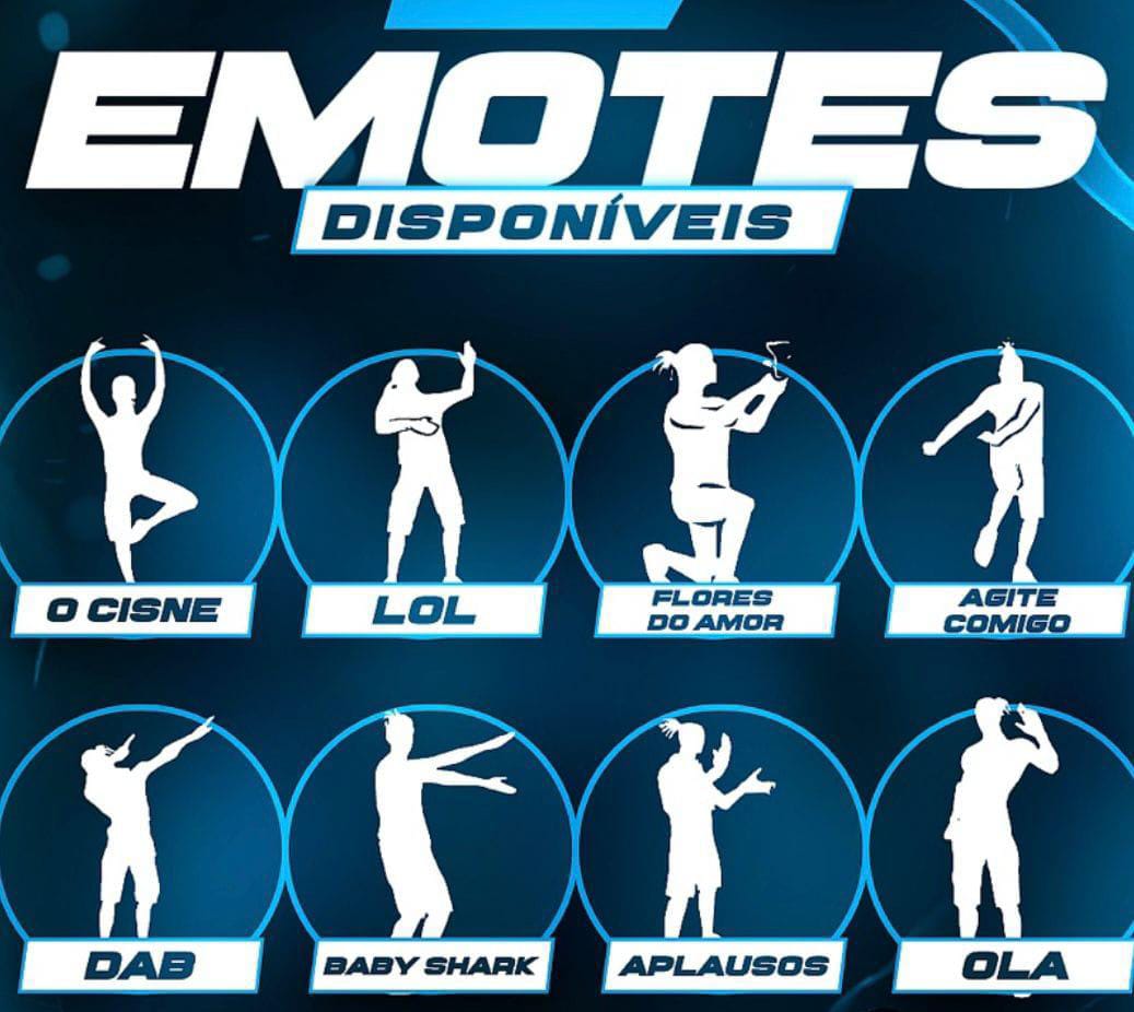 Emotes disponíveis: O Cisne, LOL, Flores do Amor, Agite Comigo, Dab, Baby Shark, Aplausos e Ola